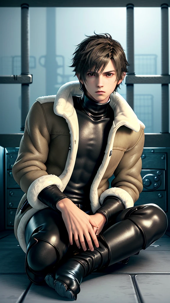 Final fantasy taste and reality graphics, Japanese young cute and cool ikemen  boy, his age is early 20s, thin eyebrows and beady eyes,  he wearing light brown color  very thick shearling jacket, jacket is no leather and waist length, fur color is white,
also wearing black very thick turtleneck polyester shirts,  tight black leather pants, shiny black leather tight and must put on a thin leather glove both hands, glove covered full fingers,black leather knee-high raceup boots,must views  head-to-toe,must views whole body, ((((describe in a distant manner)))),((((boy in the prison room without windows)))),(((boy sitting on the floor, curl up and holding your knees))),boy is resigned look.