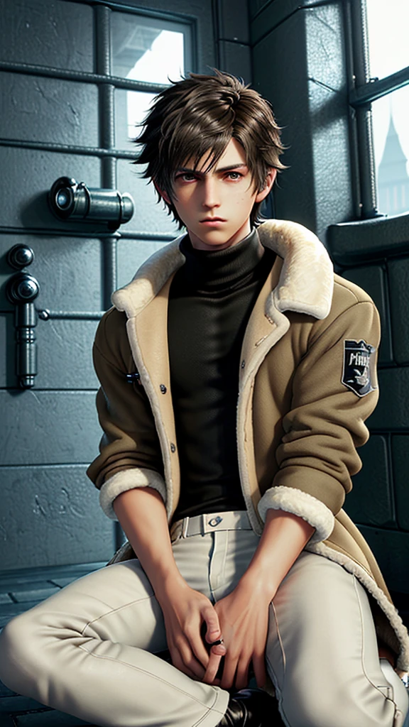 Final fantasy taste and reality graphics, Japanese young cute and cool ikemen  boy, his age is early 20s, thin eyebrows and beady eyes,  he wearing light brown color  very thick shearling jacket, jacket is no leather and waist length, fur color is white,
also wearing black very thick turtleneck polyester shirts,  tight black leather pants, shiny black leather tight and must put on a thin leather glove both hands, glove covered full fingers,black leather knee-high raceup boots,must views  head-to-toe,must views whole body, ((((describe in a distant manner)))),((((boy in the prison room without windows)))),(((boy sitting on the floor, curl up and holding your knees))),boy is resigned look.