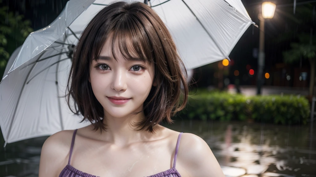 High resolution, Gaze, Heavy rain street trees, fine eyes, beautiful image, one beautiful woman standing, short cut, brown hair, bangs, light purple dress, 26 years old, nice smile, detailed skin,solo, chest, 