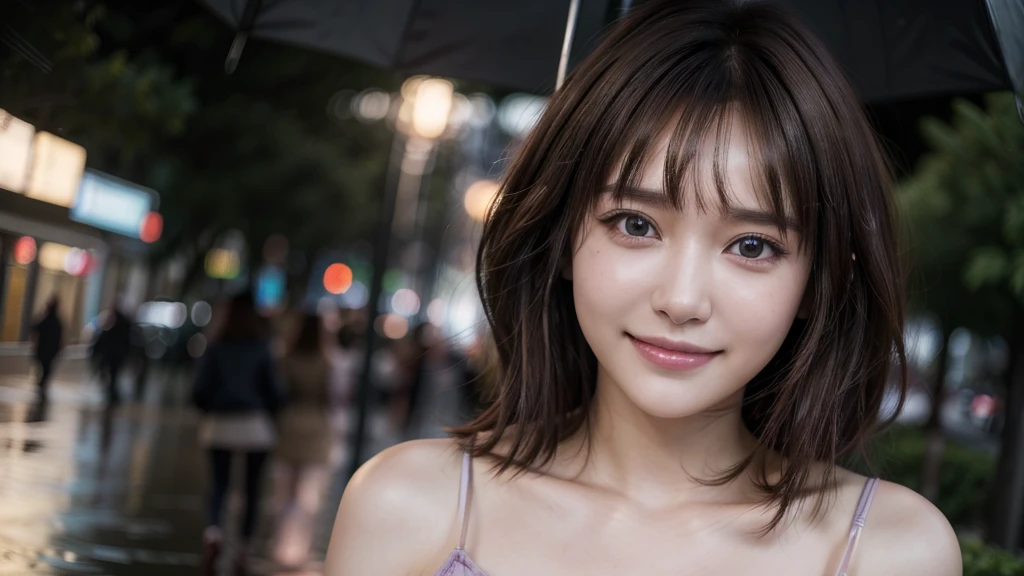 High resolution, Gaze, Heavy rain street trees, fine eyes, beautiful image, one beautiful woman standing, short cut, brown hair, bangs, light purple dress, 26 years old, nice smile, detailed skin,solo, chest,