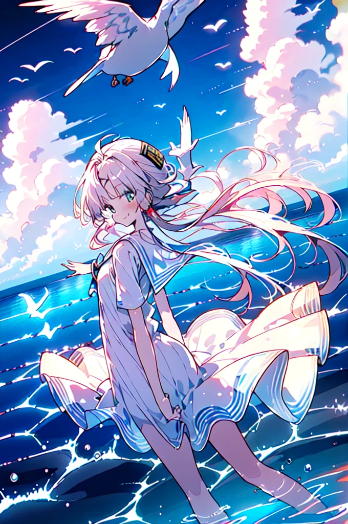 ((masterpiece,Highest quality)), Mizunashi Akari, uniform, dress, white dress, Have, Sailor collar,
Ocean, On the water, null, cloud, Outdoor, bird, Dutch Angle, long dress, Side slits