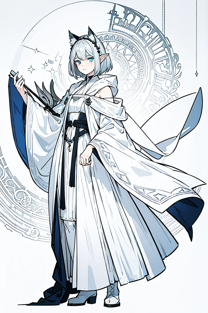 Gray and white shoulder-length short hair,Girl,Blue Eyes,Elf ears,No headdress,No cat ears,Wear a magician's robe,cloak,hood,Long skirt,Boots,full-body shot,front Photo,No background