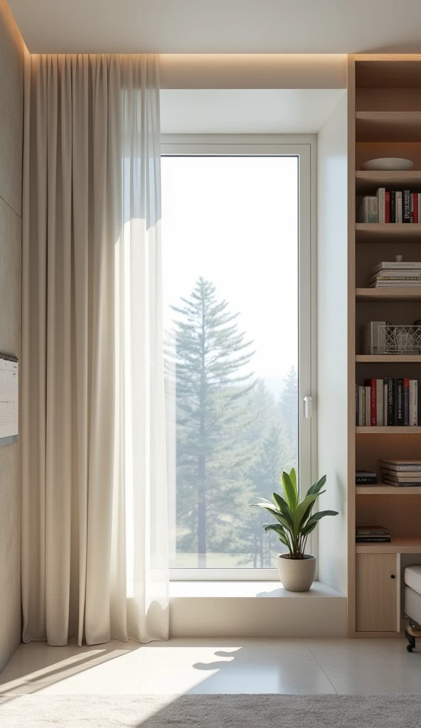 Provide me a wall of 10 ft height and 12 ft breadth with small window and modern curtains in the window and calendar in wall and it should have a bookshelf