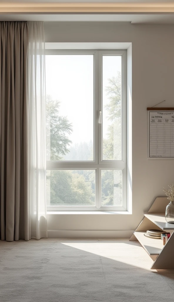 Provide me a wall of 10 ft height and 12 ft breadth with small window and modern curtains in the window and calendar in wall and it should have a bookshelf
