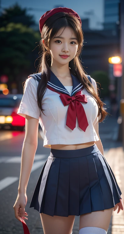 (A youthful gorgeous Japanese idol, wearing a wet Seifuku, Serafuku, school uniform, sailor moon, jk uniform, high-school uniform, pleated mini-skirt, red ribbon, red bowtie, sailor hat, knee-high socks, Tokyo Shibuya Scramble Crossing, city street, night sky, natural poses,
Easygoing expressions, kind smile, dimpled cheek, cute snaggle-tooth, short bob hair ponytail, symmetrical face, realistic detailed face, beautiful eyes, beautiful detailed eyes, long legs, perfect body proportions, hourglass figure, ample round bosoms, medium breasts,
Raw photo, photorealistic, realistic portrait, hyper-realism, high contrast, ultra HD, UHD, realistic skin textures, top image quality, top-quality, super high resolution, fine details, very meticulously, masterpiece, vivid colours, medium shot, close-up shot, cowboy shot, High Angle Shot, Professional Lighting, bokeh_background, SFW, Safe For Work)