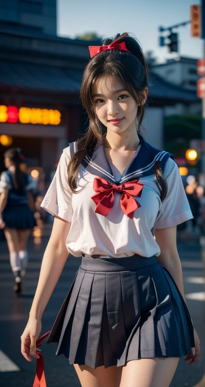 (A youthful gorgeous Japanese idol, wearing a wet Seifuku, Serafuku, school uniform, sailor moon, jk uniform, high-school uniform, pleated mini-skirt, red ribbon, red bowtie, sailor hat, knee-high socks, Tokyo Shibuya Scramble Crossing, city street, night sky, natural poses,
Easygoing expressions, kind smile, dimpled cheek, cute snaggle-tooth, short bob hair ponytail, symmetrical face, realistic detailed face, beautiful eyes, beautiful detailed eyes, long legs, perfect body proportions, hourglass figure, ample round bosoms, medium breasts,
Raw photo, photorealistic, realistic portrait, hyper-realism, high contrast, ultra HD, UHD, realistic skin textures, top image quality, top-quality, super high resolution, fine details, very meticulously, masterpiece, vivid colours, medium shot, close-up shot, cowboy shot, High Angle Shot, Professional Lighting, bokeh_background, SFW, Safe For Work)