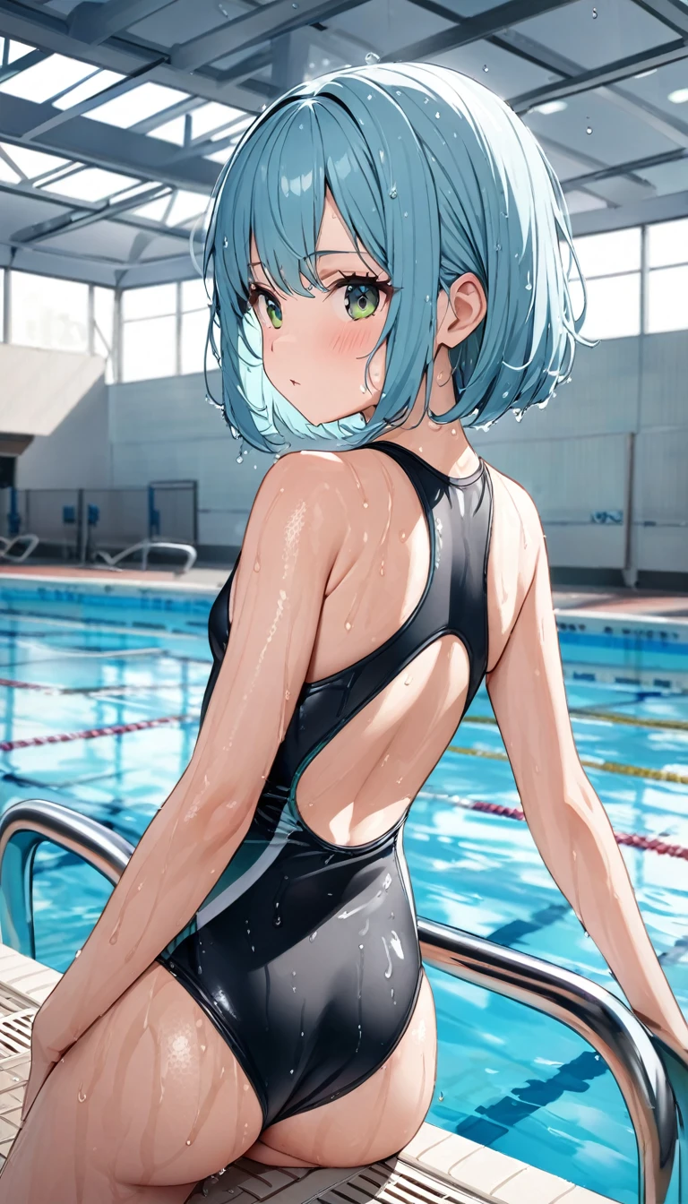 Highest quality、Light blue hair、Short Bob、Deep green eyes、Small breasts,Age 25,Black competitive high leg swimsuit、Poolside、Warm-up exercises、wet hair,hair,from under,from back