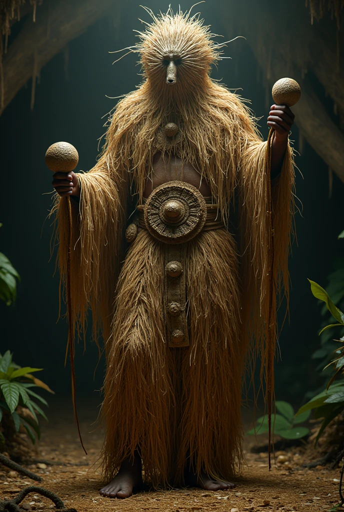 African man covered in straw from head to toe, wearing a crown, covering the face with straw omulu, with xixerê in his hands