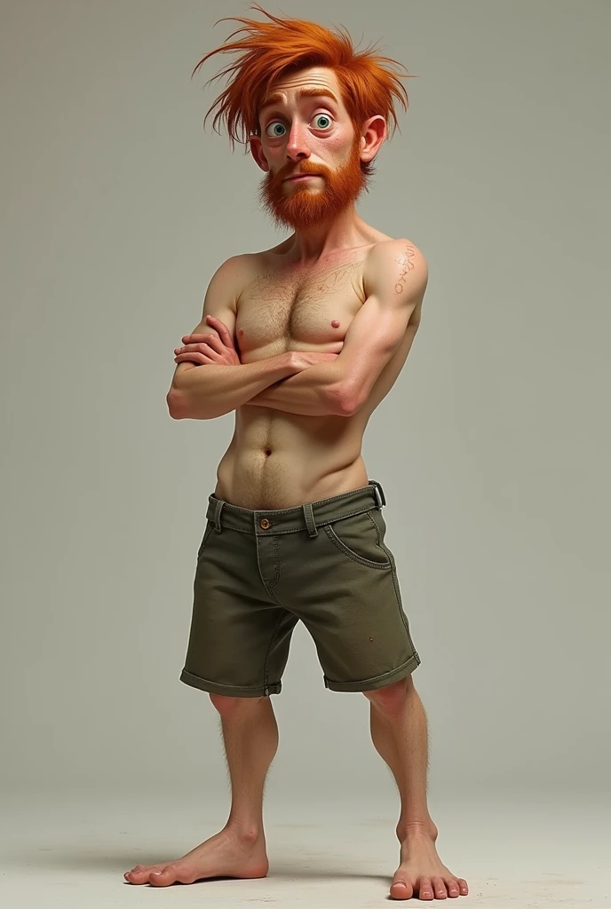 Create a man with red hair who has his arms crossed and is unkempt and thin and has no muscles with freckles and a small beard