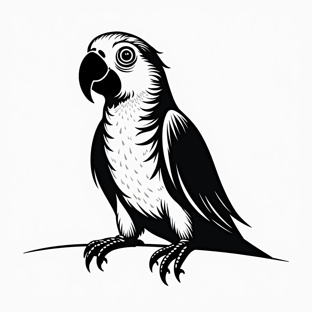 Create a black and white vector-style image of a parrot. The design should feature clean lines and sharp contrasts, capturing the parrot's distinctive features such as its beak, feathers, and expressive eyes. The overall composition should emphasize the parrot’s elegant form and detailed plumage in a minimalistic and graphic style.