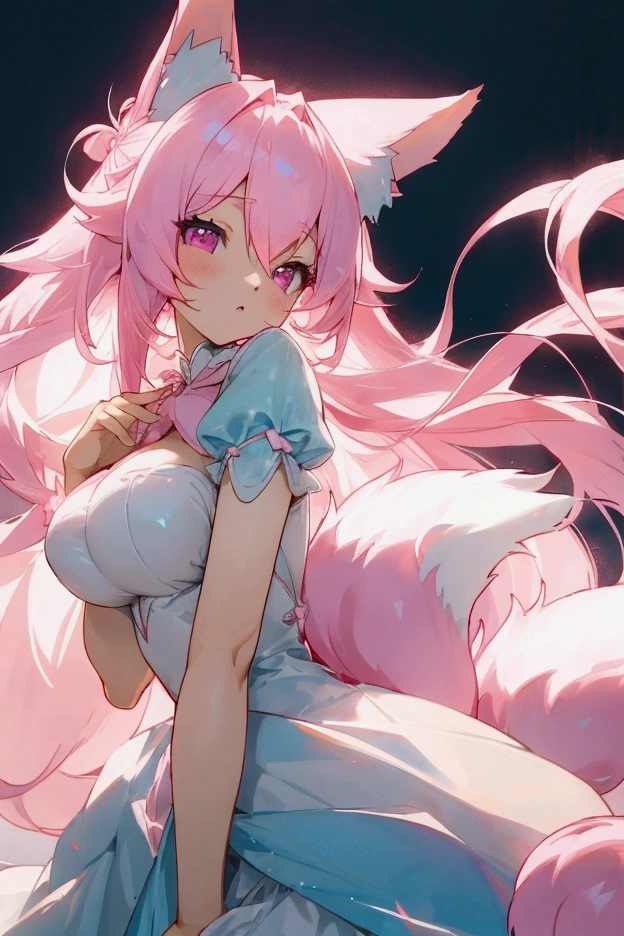 Light pink hair、Side Tail Hair、Light blue dress、Pale pink eyes、Large breasts、anime、cute、Light pink fox ears、Light pink fox tail