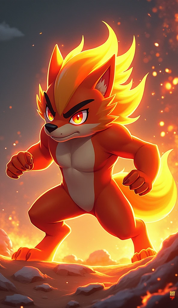 Create a full-body, fighting-ready pose for 'Pyro,' a dog-like creature representing the fire element. The art style should be consistent with the SOLMON logo, featuring bold, vibrant colors and glowing effects. Pyro should have a dynamic pose that captures its fierce yet playful nature, with flames subtly incorporated into its fur. The background should include digital elements like sparks or waves that complement the fiery theme, ensuring a cohesive and striking design.