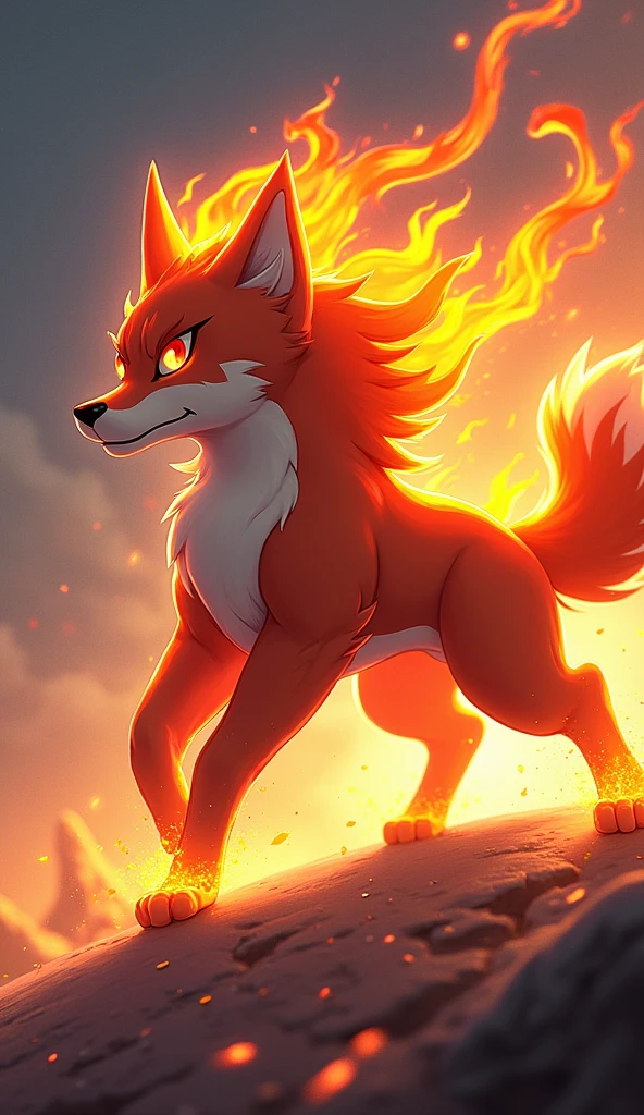 Create a full-body, fighting-ready pose for 'Pyro,' a dog-like creature representing the fire element. The art style should be consistent with the SOLMON logo, featuring bold, vibrant colors and glowing effects. Pyro should have a dynamic pose that captures its fierce yet playful nature, with flames subtly incorporated into its fur. The background should include digital elements like sparks or waves that complement the fiery theme, ensuring a cohesive and striking design.