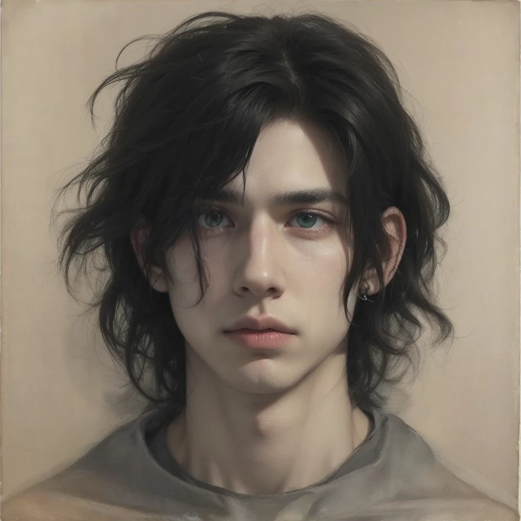 A MALE MAN White skin Spots on his face, Muitas. 
Green eyes Slightly large mouth Medium hair, Shoulder length Regular bangs Nose with a slight twist at the top Ear piercings Androgynous