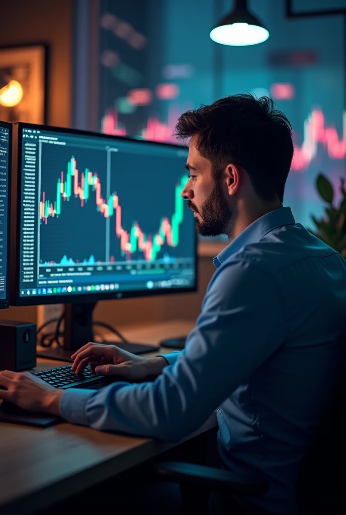 There is a man sitting at a desk with two computer screens, assis devant un ordinateur, il tape puissamment sur son clavier, Side view from above the back shoulder, Regarder le moniteur, affichage des graphiques boursiers, sitting at a computer desk, devant un ordinateur, Commerce, Trading d’actions, poser un explosif, Lots of action
