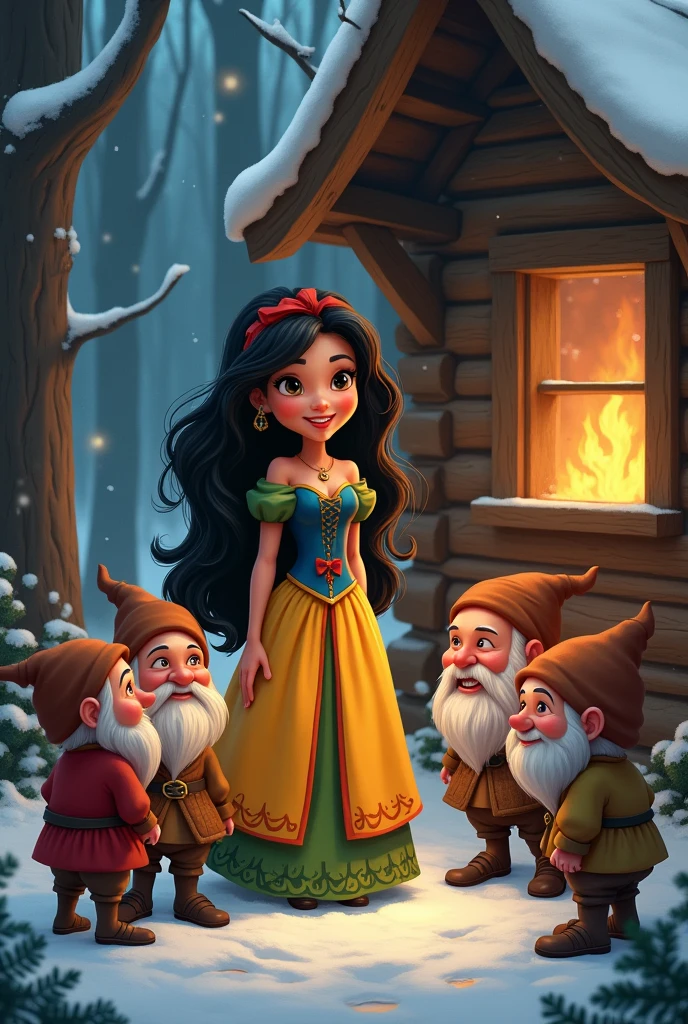 In a wooden cabin in the forest, there is a princess with long black hair. Wearing a winter dress with a green top, the yellow skirt, a blue corset and a red ribbon tied around the waist.

She is accompanied by six dwarves and a  in a hat..
