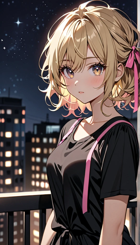 Beautiful and blond, messy styled hair, pink ribbon, black shirt, night, looking fancy