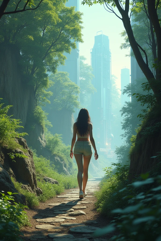 concept art, portrait  1girl, futuristic, style by Nirav Patel,symmetrical fractal megastructure  Colossal scale with vines, cinematic, wide angle, dramatic lighting, perfect focus, depth of field the view from afar,Look at the camera, naked, nude, 