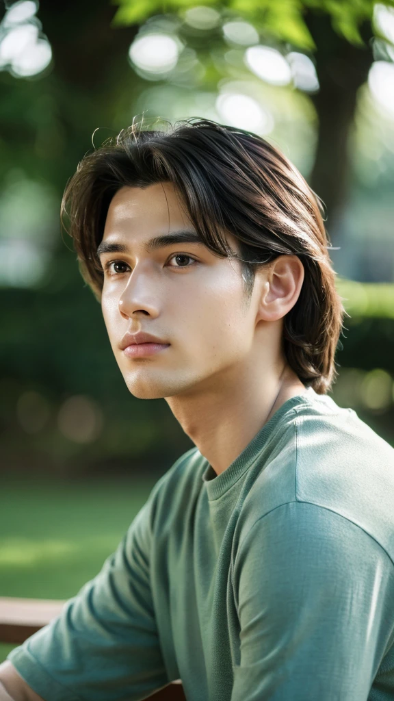 a handsome boy, detailed facial features, mesmerizing eyes, beautiful lips, long eyelashes, young attractive male, shoulder-length hair, focused expression, listening to music, wearing casual clothes, sitting on a bench, peaceful park setting, lush greenery, dappled sunlight, cinematic lighting, muted color palette, dreamlike atmosphere, (best quality,4k,8k,highres,masterpiece:1.2),ultra-detailed,(realistic,photorealistic,photo-realistic:1.37),cinematic,portrait