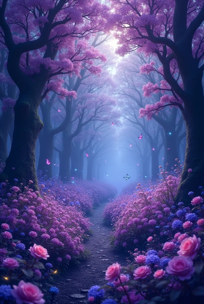 Blue forest background, which is all in purple soft tones, slightly dark. (excellent quality) (best quality) (realism) many purple flowers and beautiful light with blue tint. a little dark. many many flowers with purple and blue flowers flowers everywhere. More realism, a lot of realism more flowers, flowers everywhere. Trees are blooming beautifully. lots and lots of realism. beautiful trees, a little dark outside. also fireflies with a blue tint. most of all, many flowers, roses, spider lily. Beautiful forest, slightly light shade also very beautiful butterflies in the background many different, very beautiful butterflies
