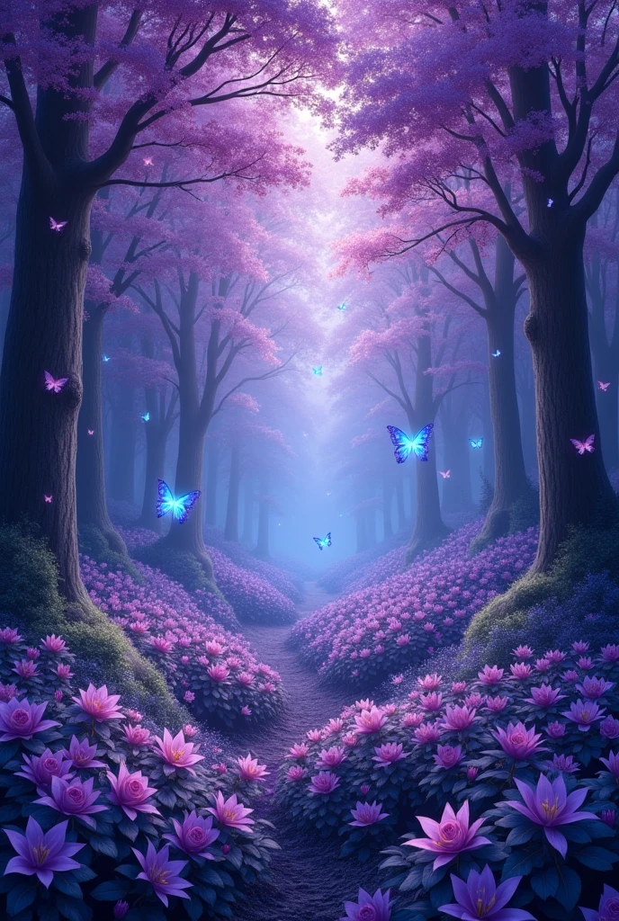 Blue forest background, which is all in purple soft tones, slightly dark. (excellent quality) (best quality) (realism) many purple flowers and beautiful light with blue tint. a little dark. many many flowers with purple and blue flowers  flowers everywhere. More realism, a lot of realism more flowers, flowers everywhere. Trees are blooming beautifully. lots and lots of realism. beautiful trees, a little dark outside. also fireflies with a blue tint. most of all, many flowers, roses, spider lily. Beautiful forest, slightly light shade also very beautiful butterflies in the background many different, very beautiful butterflies 