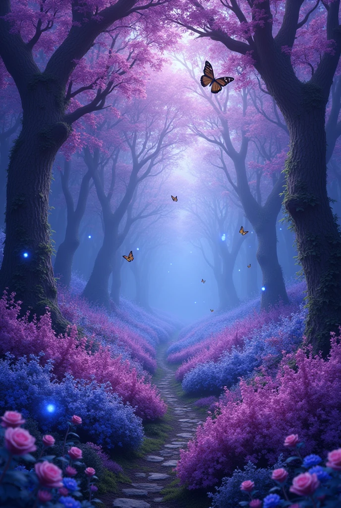 Blue forest background, which is all in purple soft tones, slightly dark. (excellent quality) (best quality) (realism) many purple flowers and beautiful light with blue tint. a little dark. many many flowers with purple and blue flowers flowers everywhere. More realism, a lot of realism more flowers, flowers everywhere. Trees are blooming beautifully. lots and lots of realism. beautiful trees, a little dark outside. also fireflies with a blue tint. most of all, many flowers, roses, spider lily. Beautiful forest, slightly light shade also very beautiful butterflies in the background many different, very beautiful butterflies