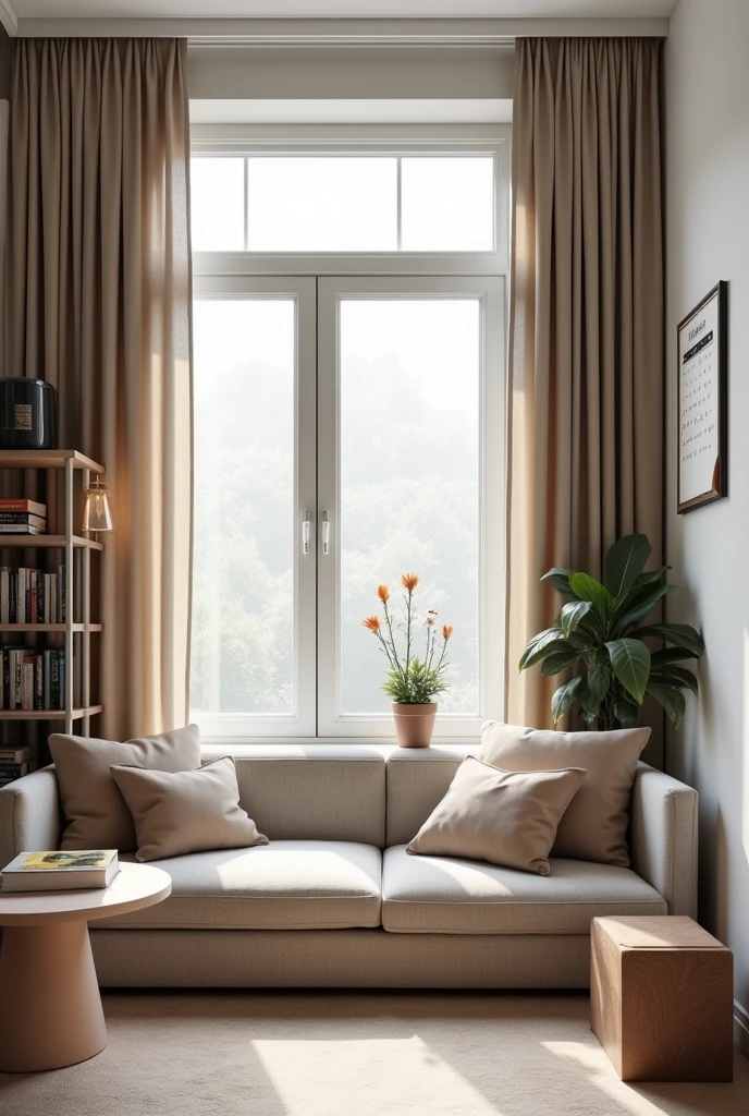 Provide me a wall of 10 ft height and 12 ft breadth with small window and modern curtains in the window and calendar in wall and it should have a bookshelf