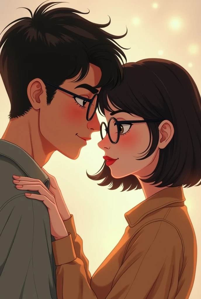 I want a couple of a man with thick eyebrows and full mouth with round glasses and a cute girl with bangs and round glasses too