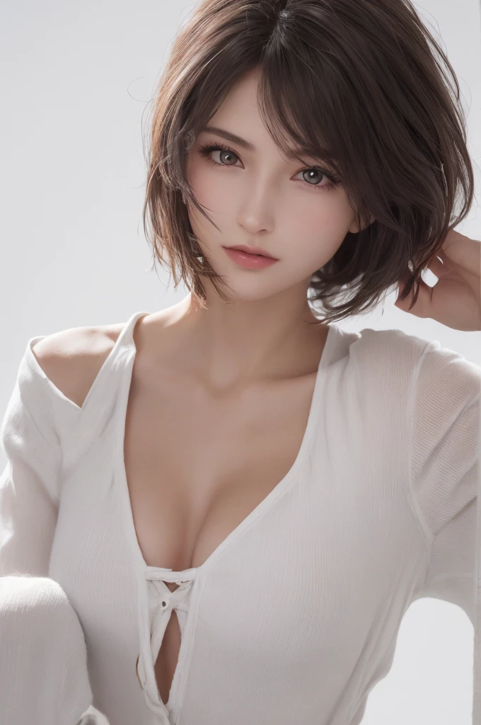 8K Ultra HD、RAWphoto、モデルphoto撮影、 European shoelaces、(masterpiece、best quality、Practical、high resolution、photo:1.3)、closure、focus on、Popular Models、Slim、30 years old adult、Small face、No makeup、short hair、Beautiful dark brown haine eyes、realスキン、(Perfect body)、Sexy hot face、、Sexual Vision、Slim、shirt、Long sleeve、Hide your breasts、Beautiful eyes in every detail、Glossy lips、Small Breasts、Small Breasts、Bust B cup、((Bright Light、Dynamic Lighting、real、超real、 realism、realなディテール、Cruel beauty、Cool pose、Background white、Pure white background