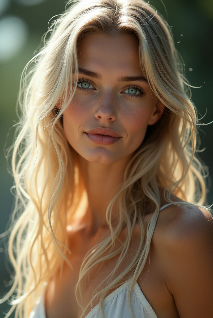 20 year old blonde woman with IX blue eyes and a slim body