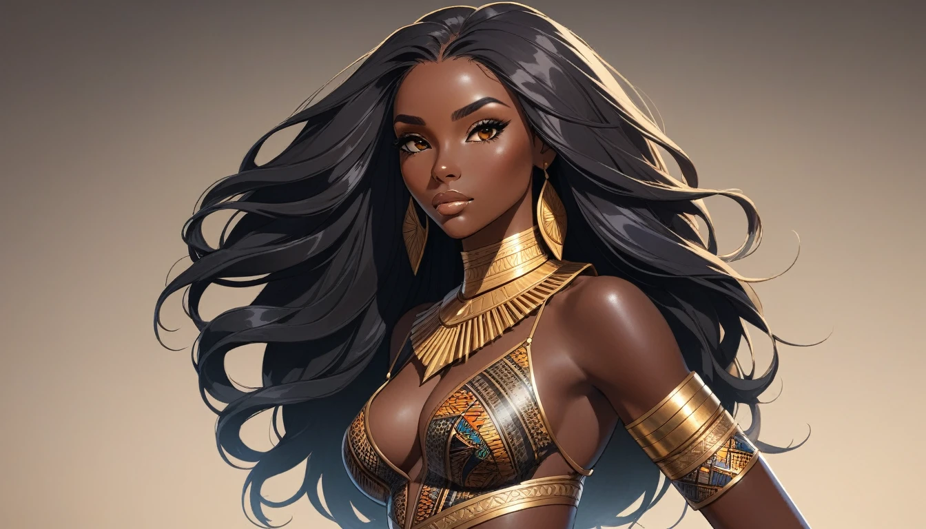 ((Plain background: 1.5)), ((Full body: 1.8)), ((dark-skinned beautiful African woman: 1.7)) with very long black hair, strong body, thick athletic body, character sheet, Realistic, top quality picture, 4K, ultra HD |, ((master part))), (((best qualityer))), ((ultra detali)),(Highly detailed CG illustration), Cinematic light, camera: Choose an angle that highlights the beauty of the character. resolution: Aim for a high-resolution artwork to showcase intricate details and clarity