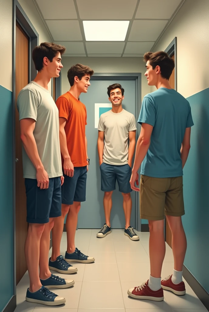 Three guys (male) who just waiting for bath infront of the bathroom in dormitory. And theres one person (male) walk out from the bathroom door, all the person inside this images using short pants and t-shirt