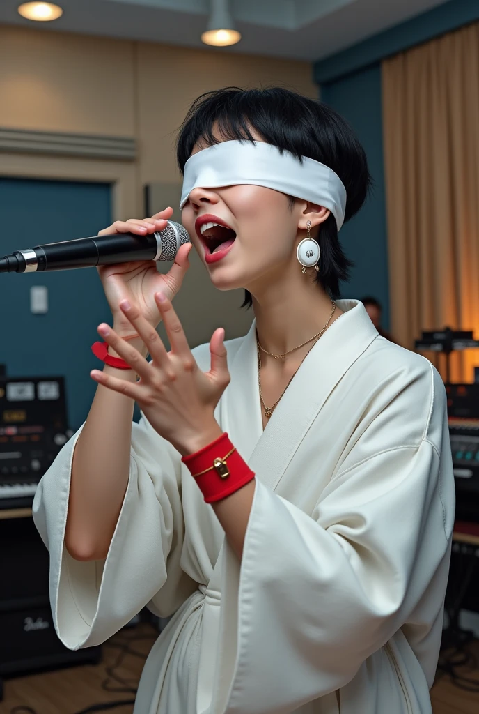 1 rapper, 20 yrs old, white blindfold, short black hair, kimono branco, white earrings, red band on forearms, singing on mike,a big studio on background.