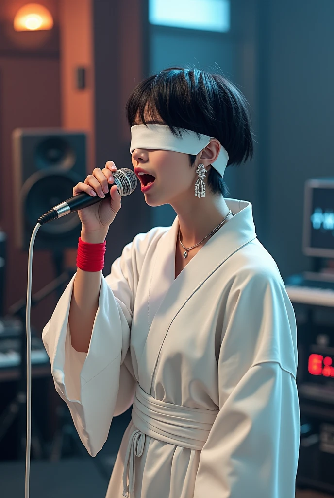 1 rapper, 20 yrs old, white blindfold, short black hair, kimono branco, white earrings, red band on forearms, singing on mike,a big studio on background.