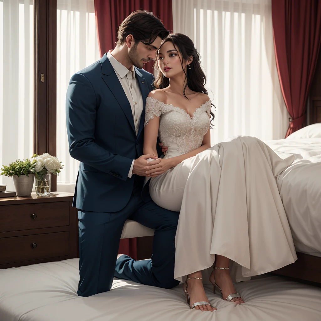 "Create a romantic, high-quality illustration of a 34-year-old man in formal attire inside a delicate, feminine bedroom, gently holding a 21-year-old woman's foot to help her put on a glass slipper. The man has A striking and attractive appearance. His short, dark hair contrasts with his piercing blue eyes, which convey intensity and desire. His chiseled face and square jawline give him an air of masculinity and tight-fitting tuxedo. Her very long brown hair cascades over her shoulders, framing her delicate features and vibrant green eyes. The woman sits on the edge of a luxurious, ornate bed, wearing a delicate white dress that accentuates her graceful silhouette. man with an expression of intimate romance, his body language conveying a sense of confidence and vulnerability. The man kneels before her, one hand gently holding her slender foot as he carefully slips on a glass slipper. His focused gaze and tender touch suggest a deep connection and reverence for the woman. The bedroom environment should be elegant and refined, with soft, pastel colors, luxurious fabrics and modern furniture that complement the romantic atmosphere. Subtle lighting and hazy effects can create an atmosphere of intimacy and dreamlike quality. Through the composition, the use of color and the expressions and body language of the figures, they convey a feeling of tenderness, desire and a deep emotional bond between man and woman. Evoke a sense of timeless cinematic romance without being overtly explicit, best quality, realistic"