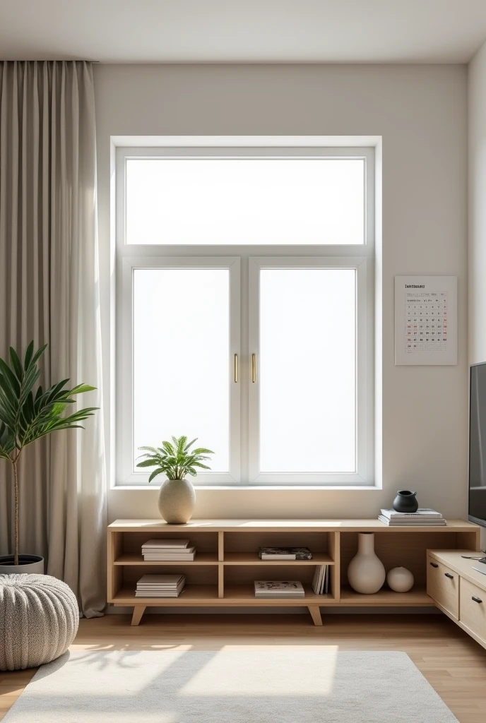 Provide me a wall of 10 ft height and 12 ft breadth with small window and modern curtains in the window and calendar in wall and it should have a bookshelf