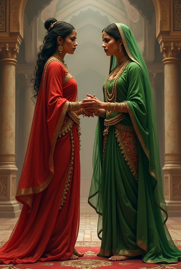 Two indian queens, one hindu (dressed in red )and one muslim (dressed in green), both from mughal time period, kicking eachothers foot with hate