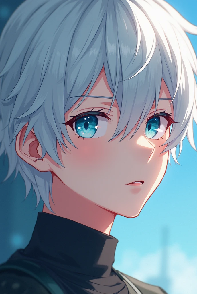 Anime boy with white hair and sky blue eyes
