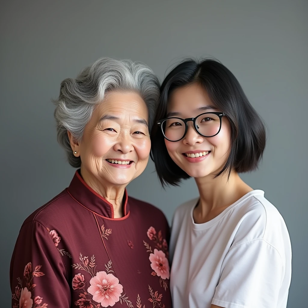 photorealisic portrait taken at studio, family photo shows a grandma of 50-yo, together with her granddaughter of age 19, asian female, they are having different figures: "the grandma has round face with laugh lines, nice  smile, grey short curly hair, wearing traditional burgundy-red floral pattern grandma dress"; "the young lady granddaughter is age of 19, is a post- , wears white t-shirt casual wear, one length black hair, wear black-framed glasses", in flat grey background  