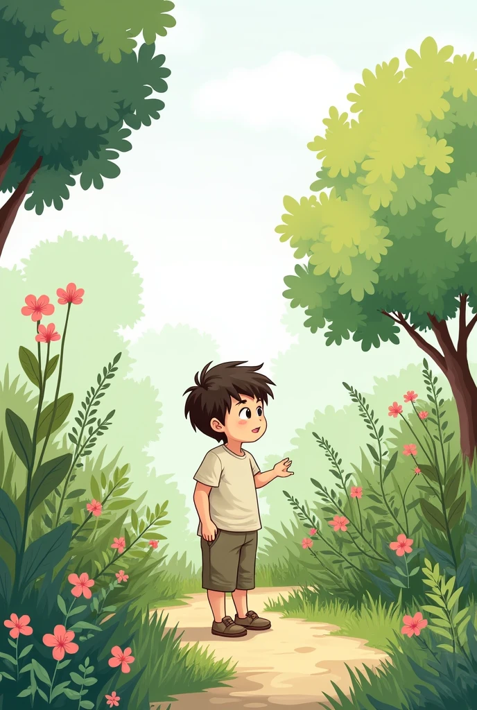 Boy in garden in simple cloth, simple drawing 