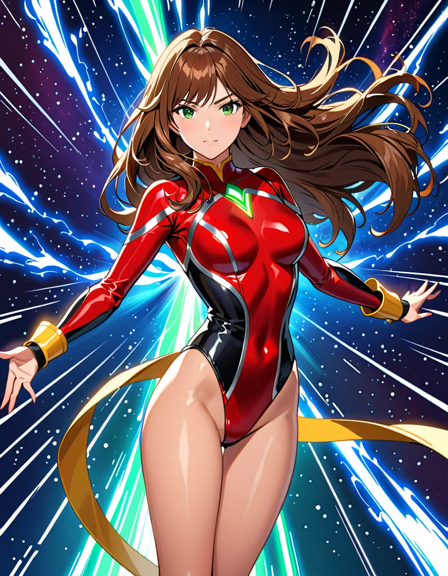 (masterpiece), (best quality), (high res), 1lady, tall body, finger proportions coordination, highly detailed, professional, beautiful detailed eyes, beautiful detailed face, perfect hands, complete fingers, perfect anatomy, perfect proportions, ((brown hair, medium hair, hair down)), ((green eyes)), ((leotard, (red leotard), matching leotard)), (bare legs), (boots, matching boots, knee-high boots, yellow boots), breasts, medium breasts, looking at viewer, solo, solo focus, cowboy shot, space backdrop, (((fastened tight belt))), (blue sleeves, yellow cuffs), ((yellow hawk/(symbol/)) on chest), full body costume design. standing straight, (fast spin, dynamic spin pose, spins fast in place like a tornado, whirls fast in place like a tornado, tornado whirling, spiral lines around her, speed lines around her, spinning energy pulse around her, storm winds around her, whirls into a tornado, (she whirls) at (super speeds)). full body costume design. curved sword slash. she super-spins, whirlwind, time travel, time warp. (((from behind)))