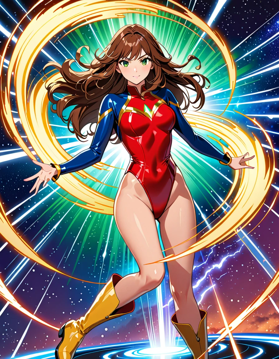 (masterpiece), (best quality), (high res), 1lady, tall body, finger proportions coordination, highly detailed, professional, beautiful detailed eyes, beautiful detailed face, perfect hands, complete fingers, perfect anatomy, perfect proportions, ((brown hair, medium hair, hair down)), ((green eyes)), ((leotard, (red leotard), matching leotard)), (bare legs), (boots, matching boots, knee-high boots, yellow boots), breasts, medium breasts, looking at viewer, solo, solo focus, cowboy shot, space backdrop, (((fastened tight belt))), (blue sleeves, yellow cuffs), ((yellow hawk/(symbol/)) on chest), full body costume design. standing straight, (fast spin, dynamic spin pose, spins fast in place like a tornado, whirls fast in place like a tornado, tornado whirling, spiral lines around her, speed lines around her, spinning energy pulse around her, storm winds around her, whirls into a tornado, (she whirls) at (super speeds)). full body costume design. curved sword slash. she super-spins, whirlwind, time travel, time warp. (((from behind)))