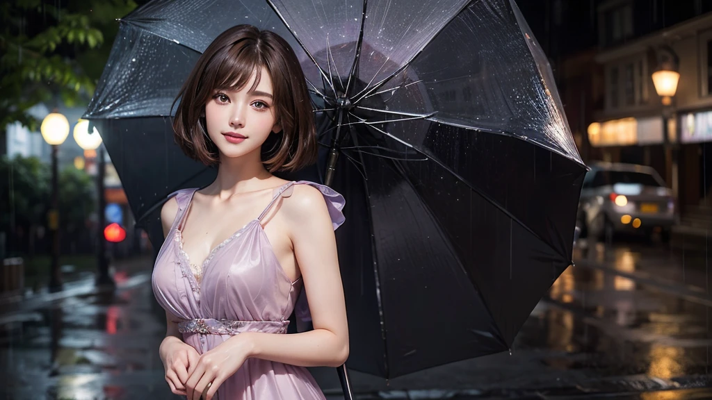 High resolution, Gaze, Heavy rain street trees, fine eyes, beautiful image, one beautiful woman standing, short cut, brown hair, bangs, light purple dress, 26 years old, nice smile, detailed skin,solo, chest, No umbrella、