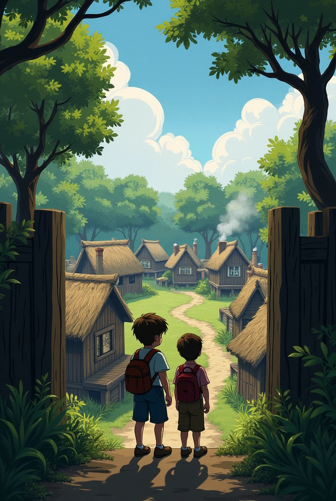 Draw a village in the forest surrounded by a wooden wall to protect itself from zombies and a brown-haired teenager with his grandfather watching over him. 