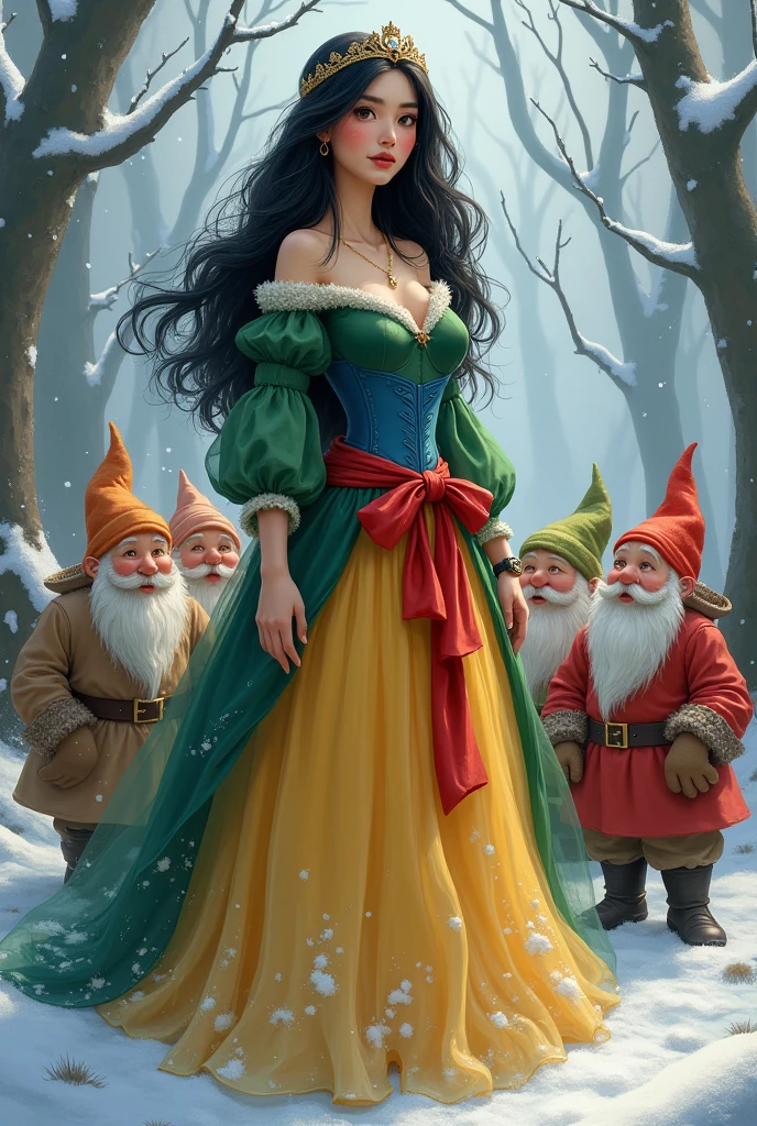 a princess with long black hair. Wearing a winter dress with a green top, the yellow skirt, a blue corset and a red ribbon tied around the waist.
She is accompanied by seven dwarfs and a wearing a hat..