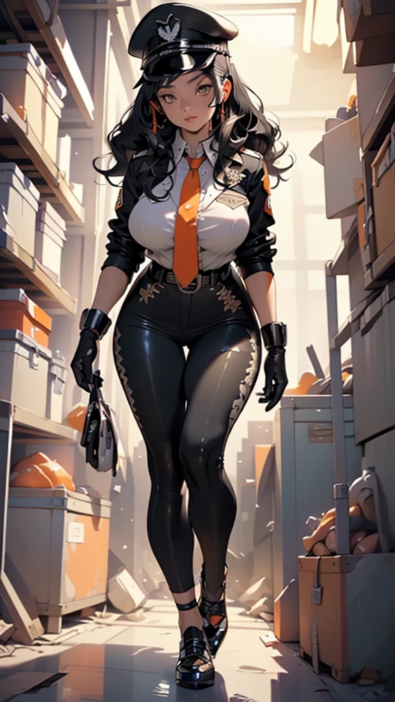 1girl,
(huge breasts:1.4),((((very long hair, black hair)))),(((orange_eyes:1.3))),intricate eyes,beautiful detailed eyes,symmetrical eyes,diamond shaped-pupils,((((lustrous skin:1.5,tanned skin,bright skin: 1.5,skin tanned,shiny skin,very shiny skin,shiny body,Reflective skin)))),(bimbo,spider lower abdomen,narrow waist,wide hip,athletic body,inflated legs,thick thighs,(detailed face)),beautiful detailed lips,
cute,slutty,sensual,seductive look,seductive,((erotic)),opulent,sumptuous,((nsfw)),
((black military cap, suit, orange necktie, black pants)),((headphones)), (black gloves, black pleated skirt, Belt pouch), (aged up),
(dynamic pose:1.3), looking at viewer,happy,centered,scale to fit dimensions,Rule of thirds,
indoor((Nazi bunker,room, dark bunker, swastika,depths of a steampunk bunker)),scenery:1.25,((intricate scenery)),
(Glossy steampunk ornaments),highres,sharp focus,(ultra detailed,extremely detailed),(photorealistic artwork:1.37),(extremely detailed CG unity 8k wallpaper),(((vibrant colors,vibrant theme))),(intricate),(masterpiece),(best quality),artistic photography,(photography taken by sldr),(intricate background),perfect rendered face,perfect face details,realistic face,photo realistic,((intricate detail)),(((realism))),