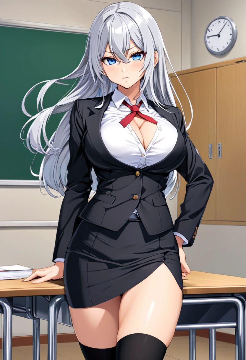 ｛One woman, 25 years old｝｛teacher｝｛Silver Hair、Long Hair｝｛Cross bangs｝｛Big Breasts｝｛Blue Eyes、Slanted Eyes｝｛Black suit、Low-rise pencil skirt、slit｝｛White shirt｝｛Black knee-high socks｝｛School classroom｝｛strong｝｛Cleavage｝｛Serious expression｝｛Squint your eyes｝｛Glare｝｛stand｝｛Open jacket、Umbilical cord、Unbutton your shirt、Put on the costume、nsfw｝