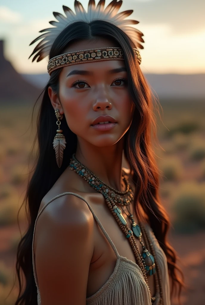 A young beautiful native american woman, perfect symmetrical face, indigenes feather jewelry, complete naked wit bright skin and exposed breasts and nipples, (((wild west))) environment, Utah landscape, ultra realistic, concept art, elegant, ((intricate)), ((highly detailed)), depth of field, ((professionally color graded)), soft ambient lighting, dusk, 8k, art by artgerm and greg rutkowski and alphonse mucha