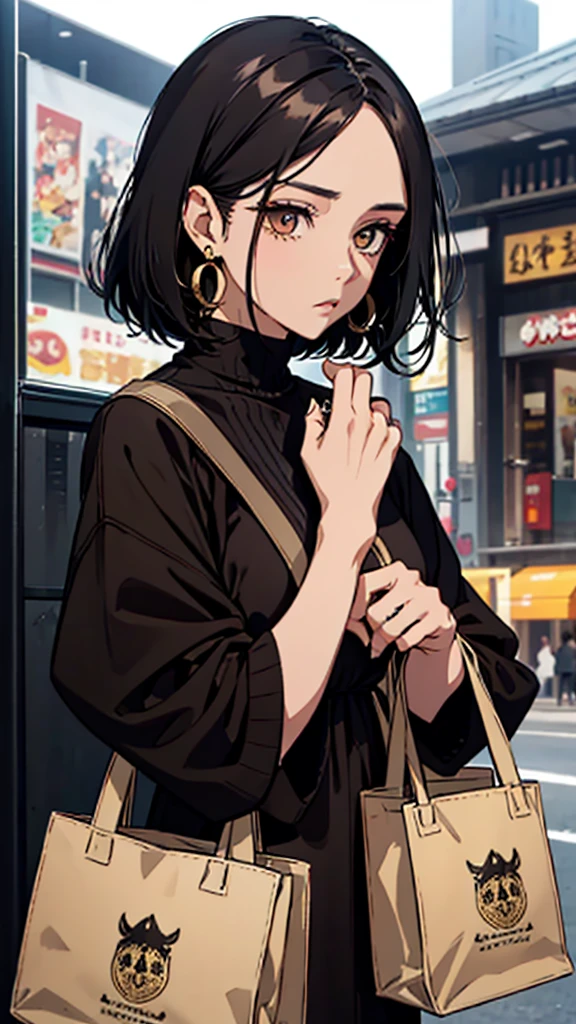 、Black bob hair、Black and gold eyes、large ring earrings、Brown clothes、Brown long sleeve knit dress、Black small bag、Upper Body