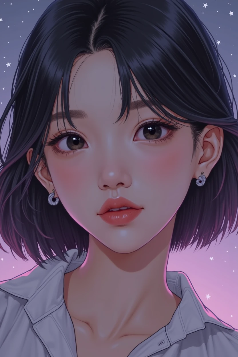 A portrait shot of A real realistic young woman with korean features. sleek, modern hairstyle, such as a straight bob cut. Her expression is confident and sharp. The background is pastel purple/ dark blue with stars